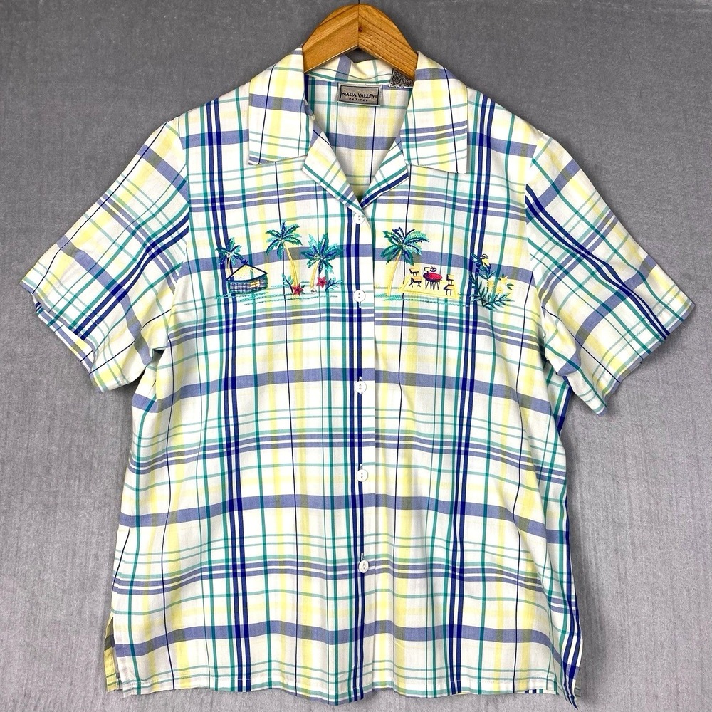 Vtg Napa Valley Shirt Womens M Embroidered Plaid Short Sleeve Button‎ Up Cottage